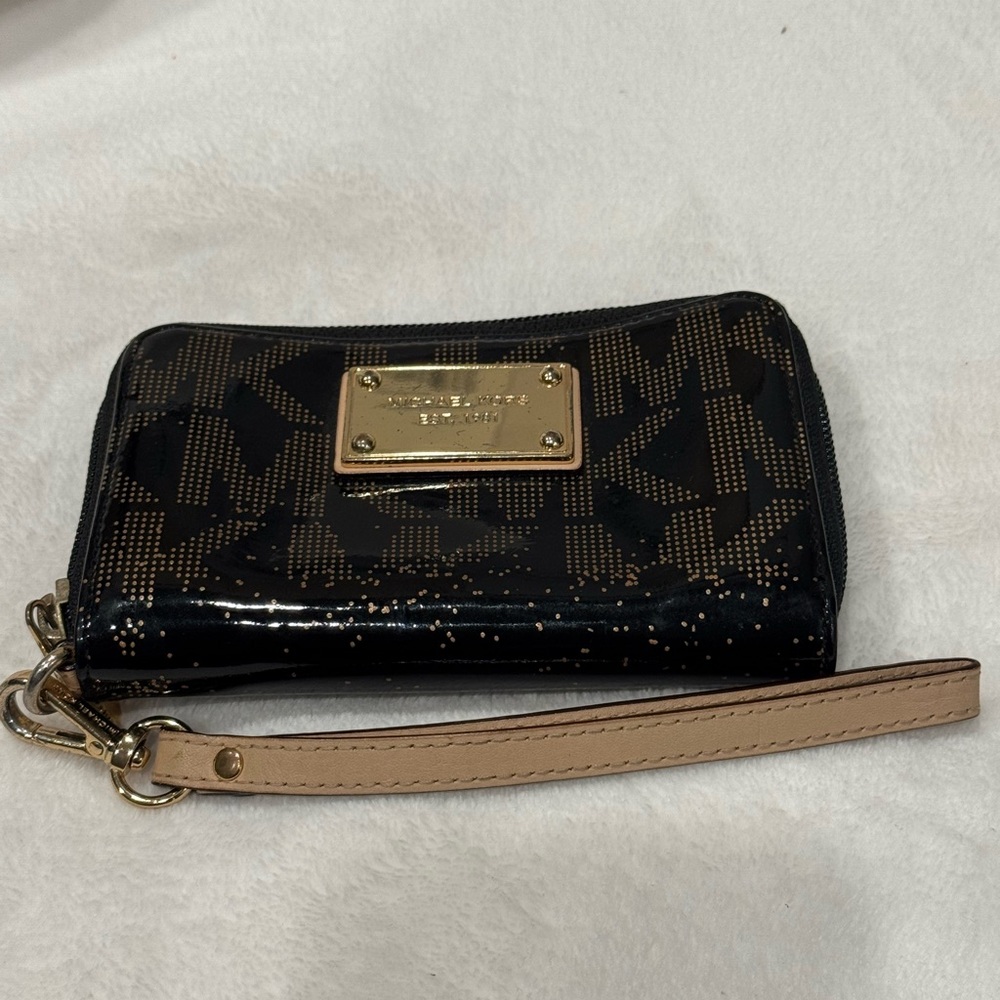 Michael Kors Black and Gold Wristlet with Tan Strap